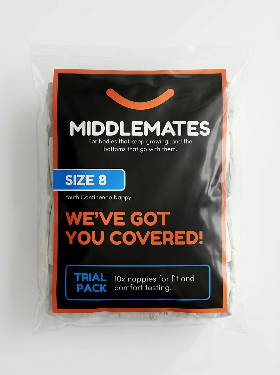 Packaged product for Middlemates youth continence nappies on a white background